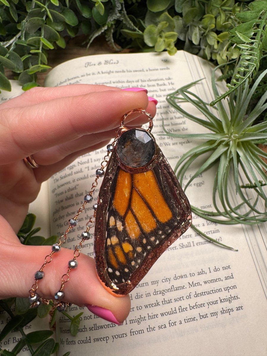 Black Rutile Quartz and Butterfly Wing Necklace with Beaded Chain | Copper Ashes