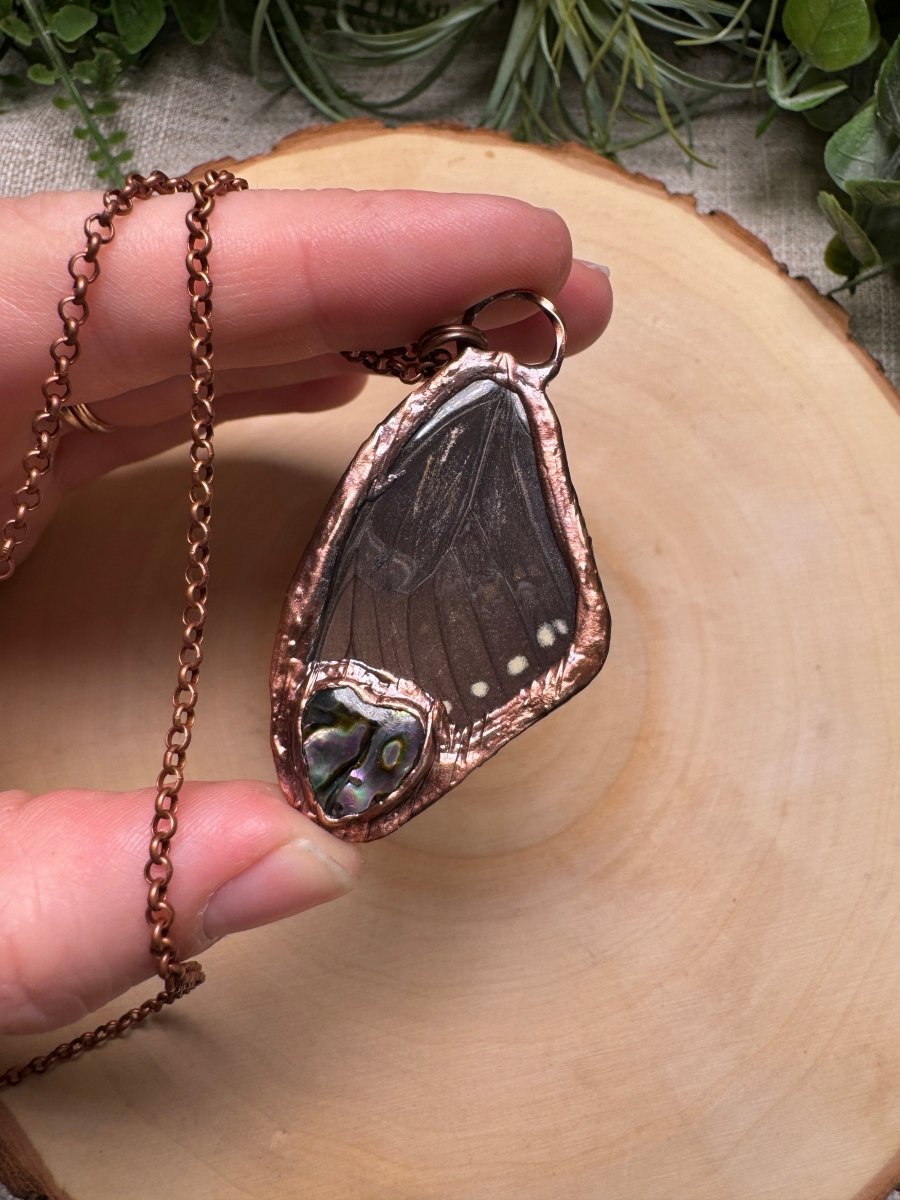 Butterfly Wing and Abalone Shell Heart Necklace | Copper Ashes