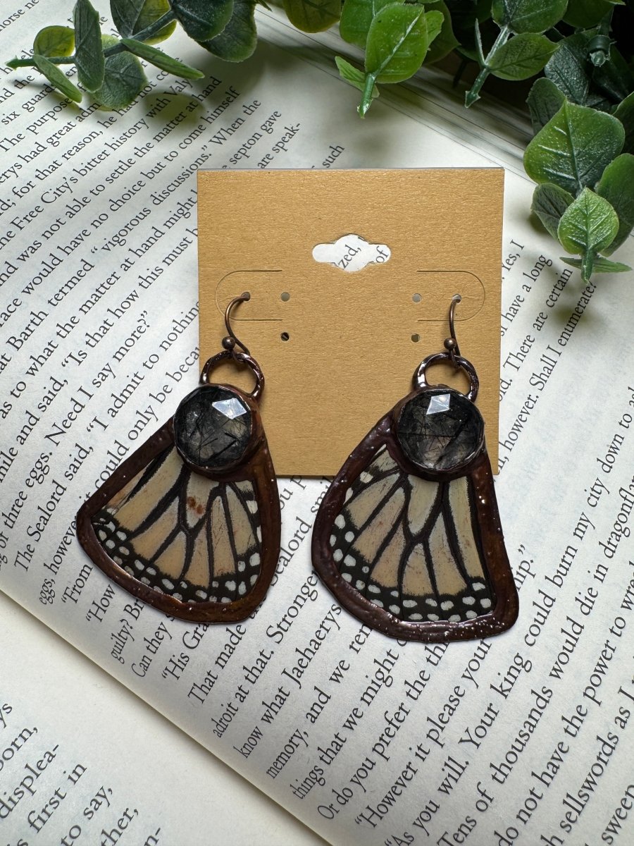 Butterfly Wing and Black Rutile Quartz Earrings | Copper Ashes