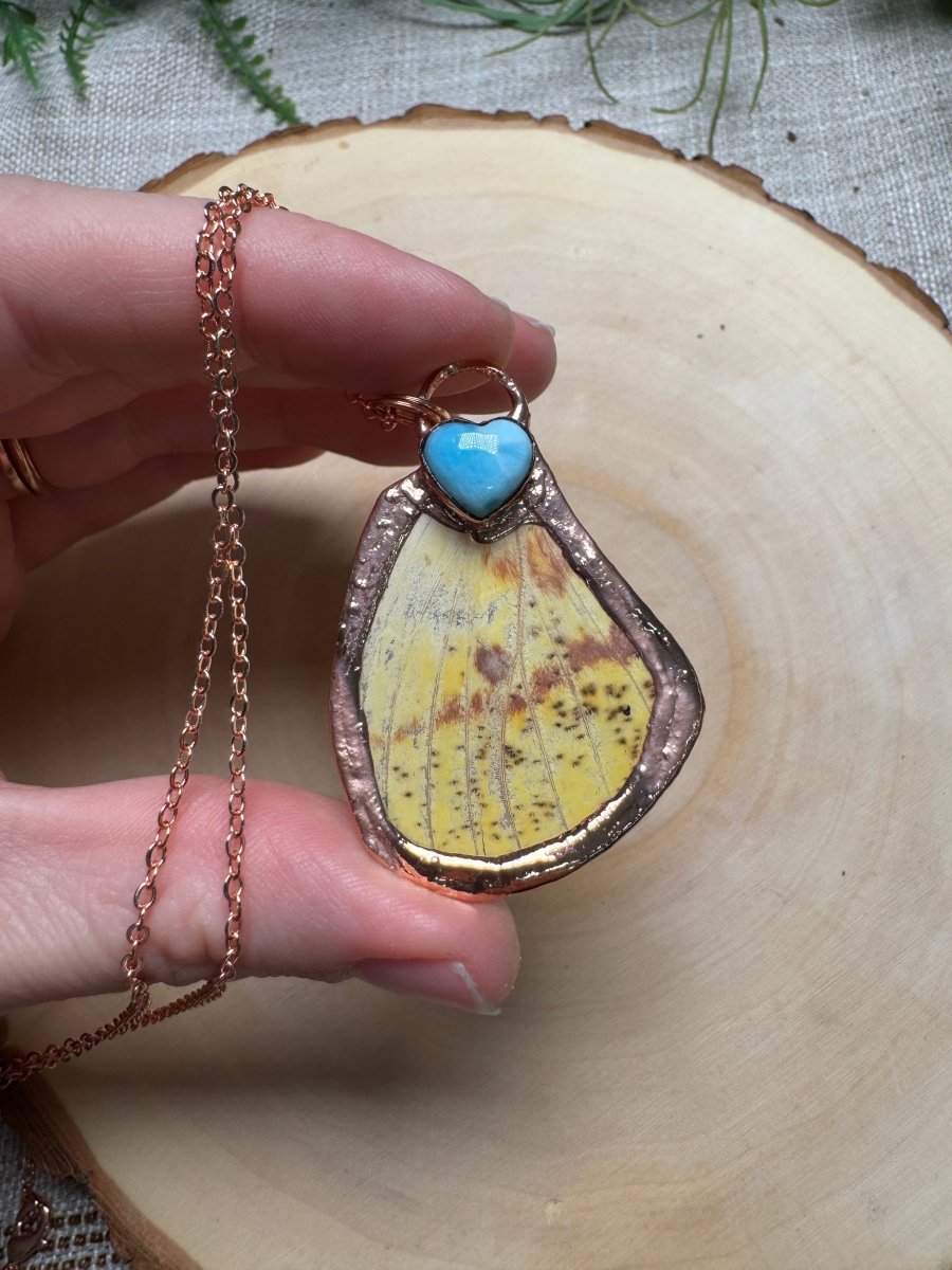Butterfly Wing and Larimar Heart Necklace | Copper Ashes