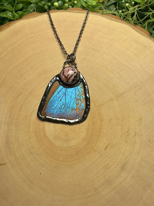 Butterfly Wing and Rhodonite Necklace | Copper Ashes