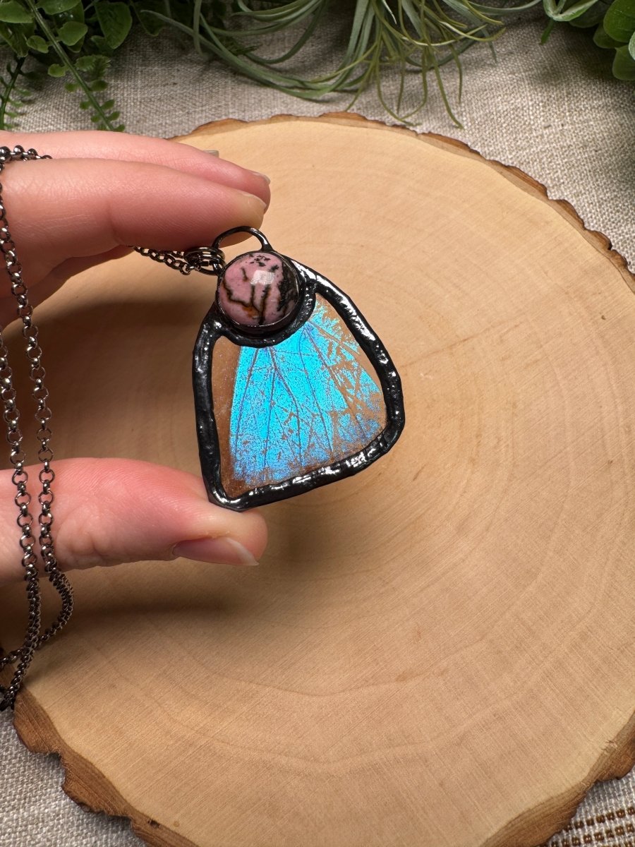 Butterfly Wing and Rhodonite Necklace | Copper Ashes