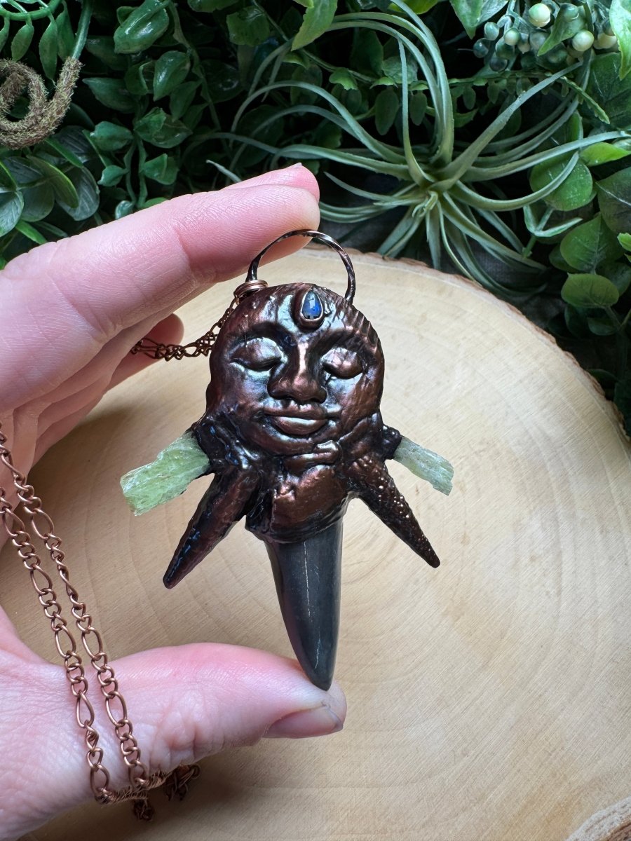 Charlotte - Shark's Tooth, Moonstone, Shell, and Green Kyanite Goddess Necklace | Copper Ashes