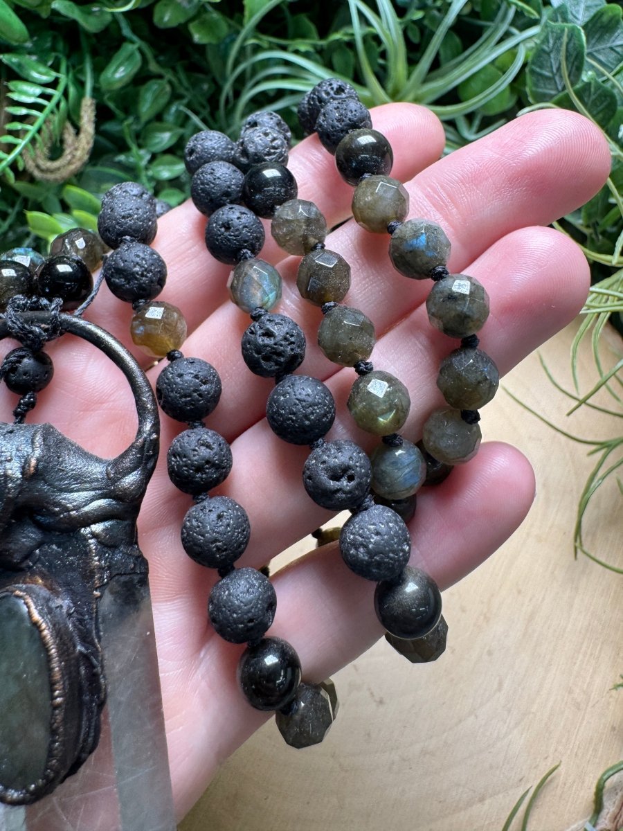 Clear Quartz and Labradorite Rhino Mala Necklace (pre - loved) | Copper Ashes
