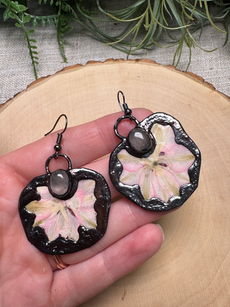 Cosmina - Rose Quartz and Flower Earrings | Copper Ashes