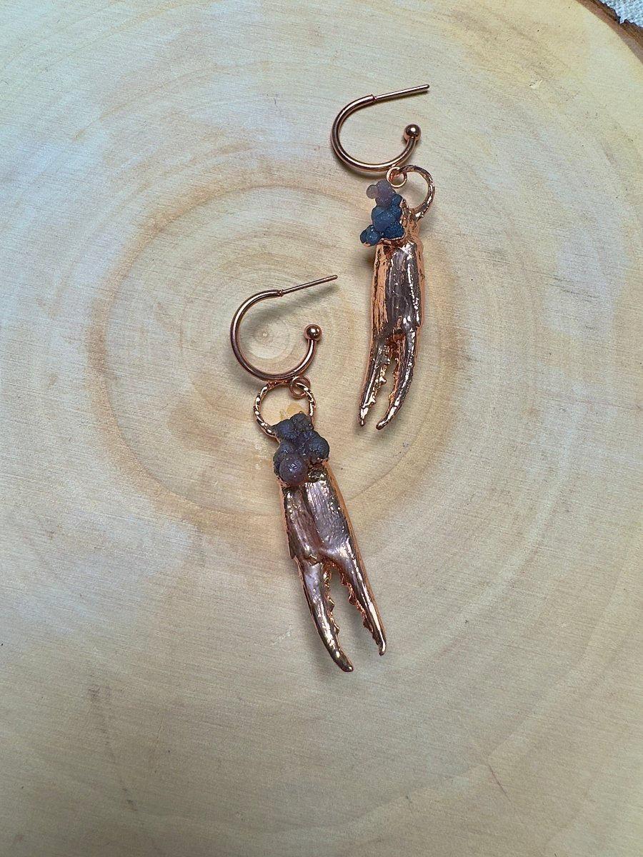 Crab Claw and Grape Agate Earrings Copper Ashes