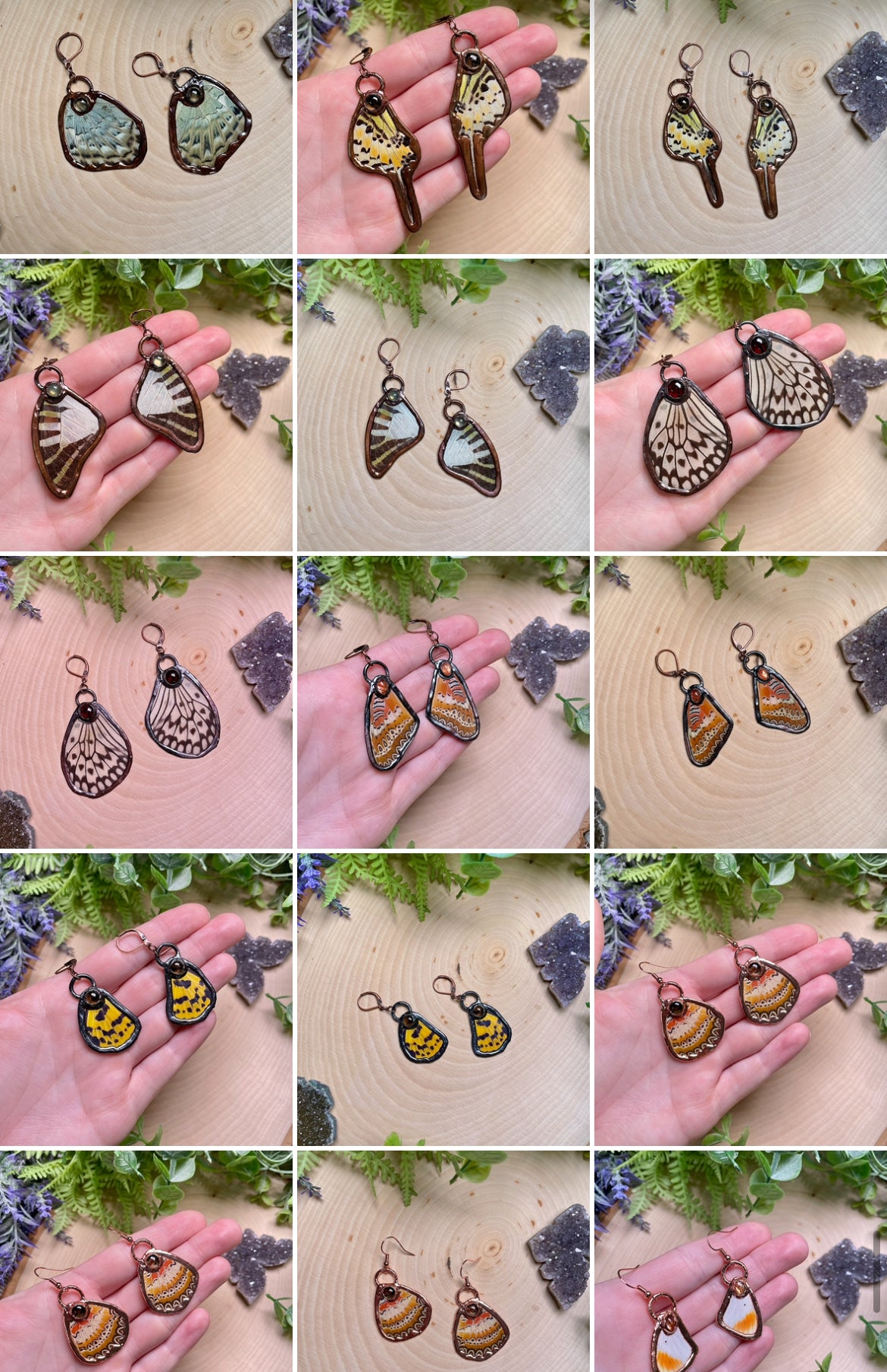 A collage of crystal butterfly wing handmade necklaces over a natural backdrop.