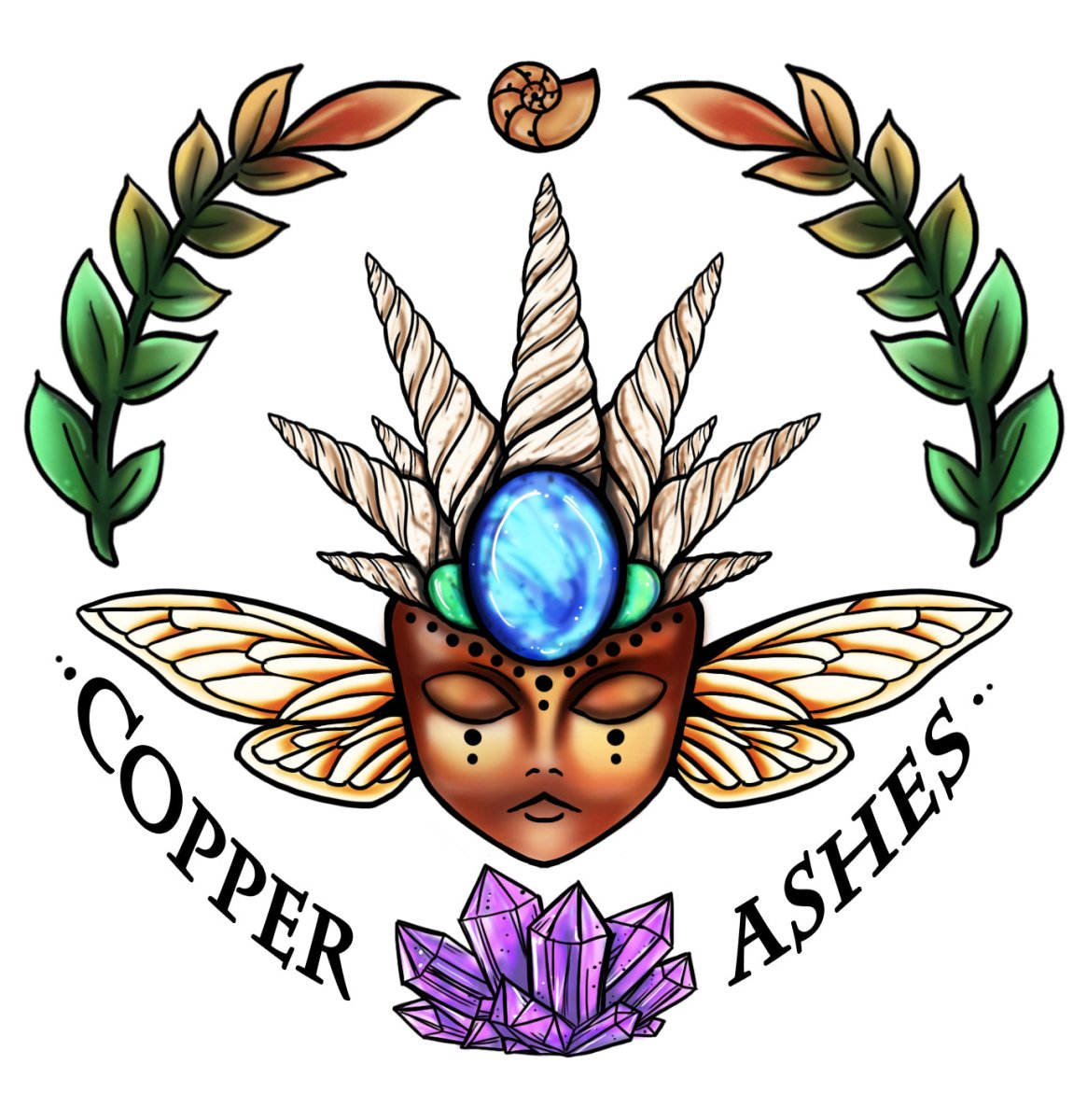 Logo of Copper Ashes with a stylized mask, wings, and crystals on a white background