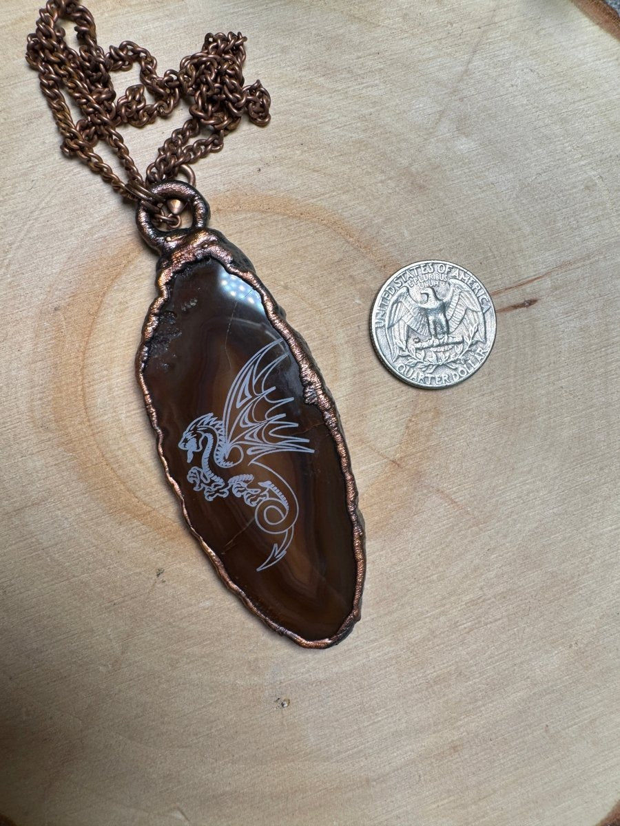 Dragon Engraved Agate Slice Necklace | Copper Ashes