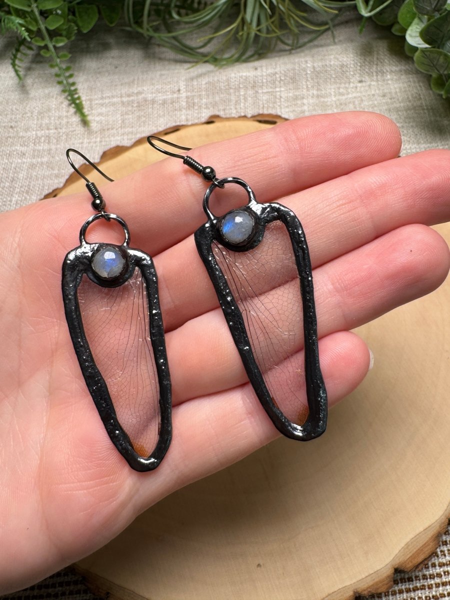 Dragonfly Wing and Moonstone Earrings | Copper Ashes