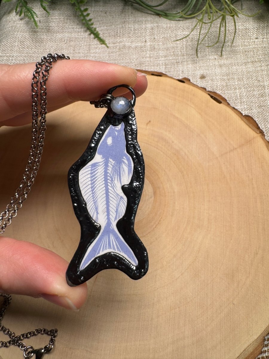 Fish Skeleton and Moonstone Necklace | Copper Ashes
