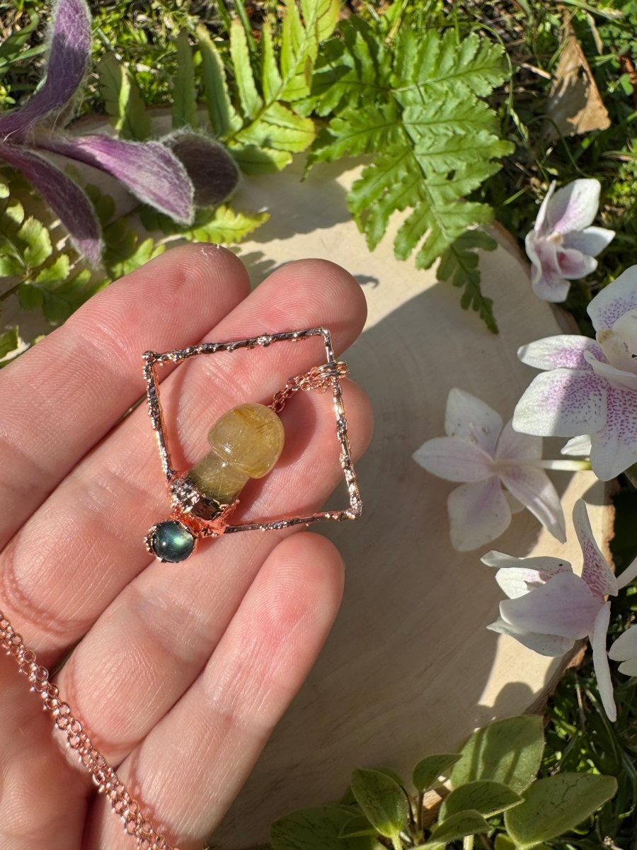 Gold Rutile Quartz Mushroom and Labradorite Necklace | Copper Ashes