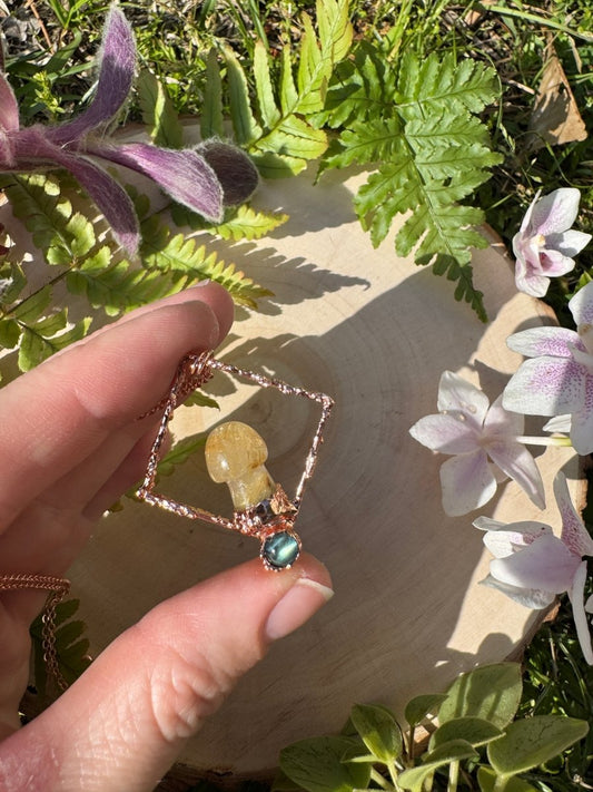 Gold Rutile Quartz Mushroom and Labradorite Necklace | Copper Ashes
