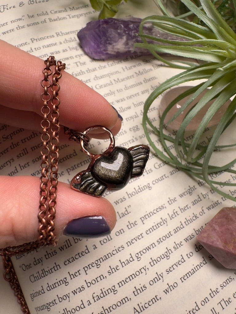 Gold Sheen Obsidian Angel Heart Necklace | Copper Ashes