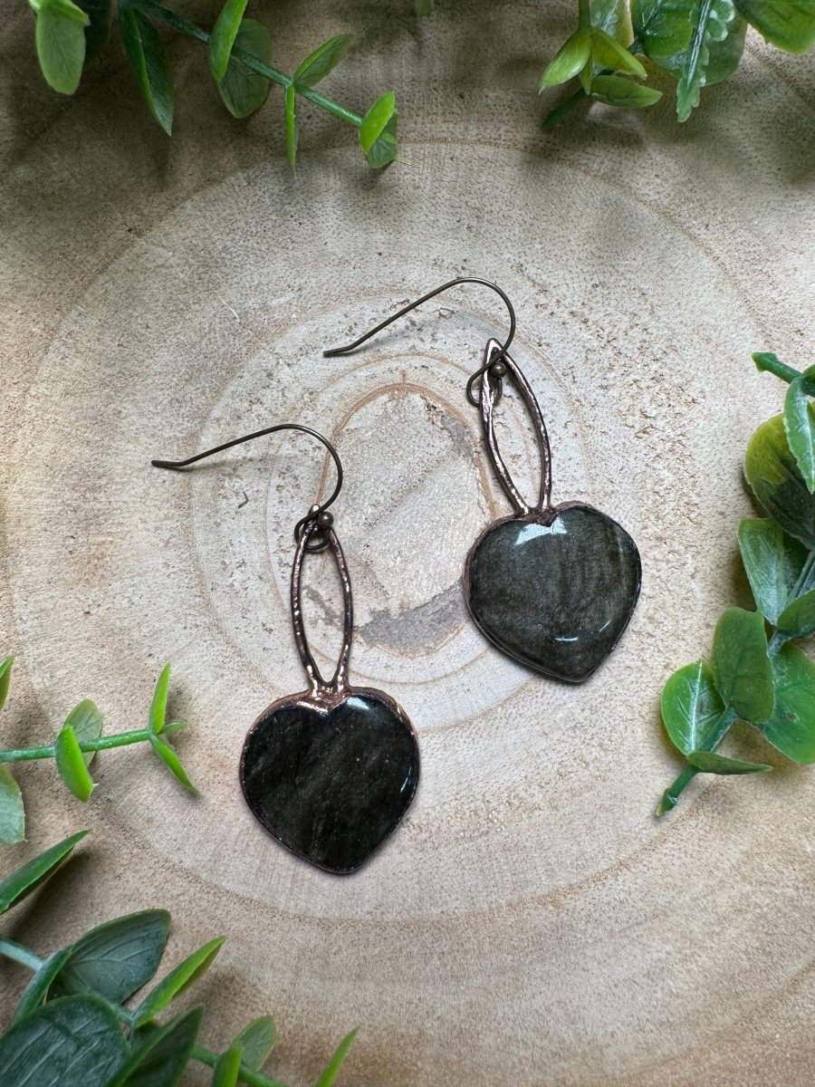 Gold Sheen Obsidian Heart Earrings | Copper Ashes