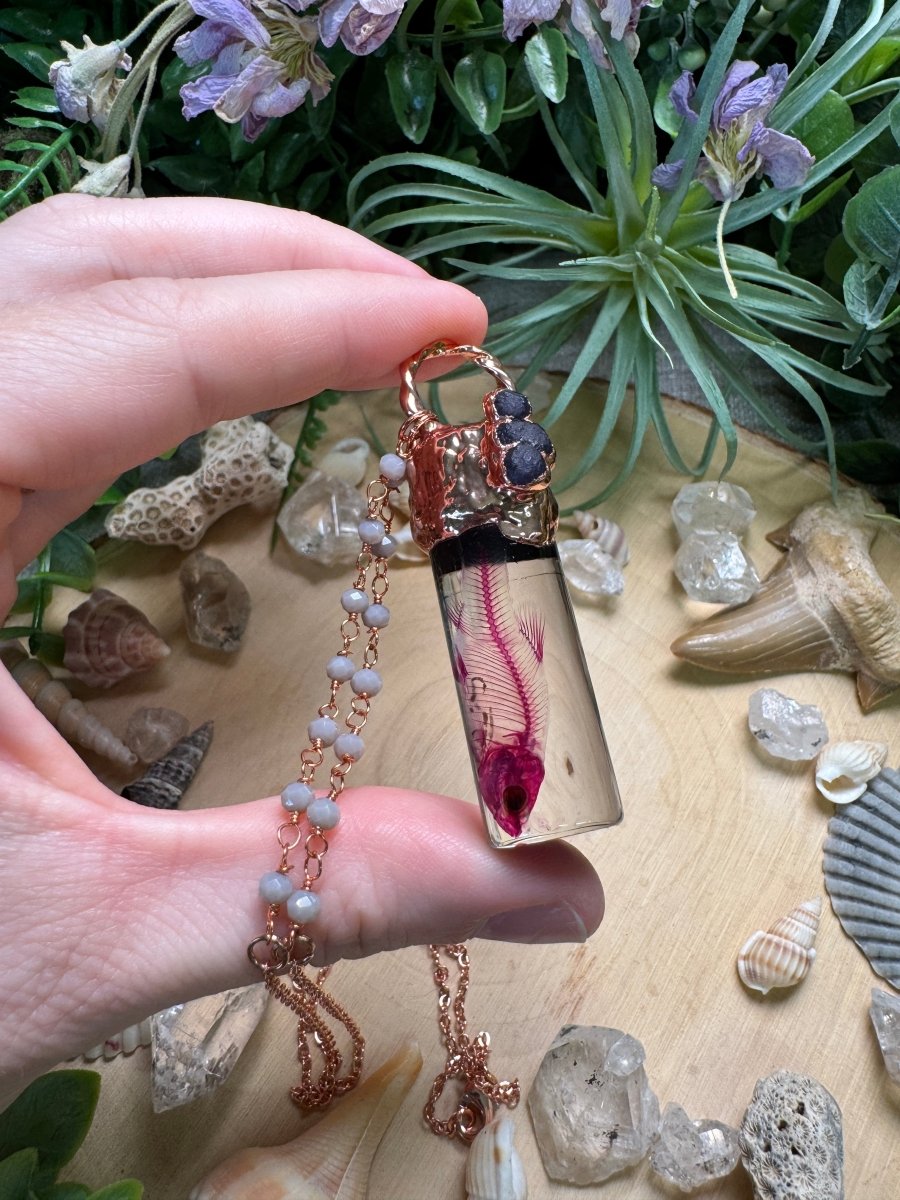 Grape Agate and Minnow Oddity Vial Necklace | Copper Ashes