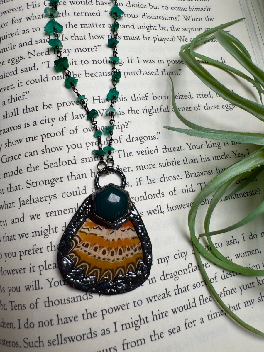 Green Agate and Butterfly Wing Necklace with Green Agate Beaded Chain (reversible) | Copper Ashes