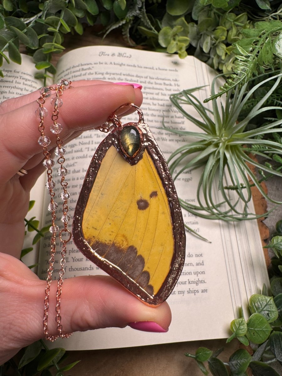 Labradorite and Butterfly Wing Necklace with Beaded Chain | Copper Ashes