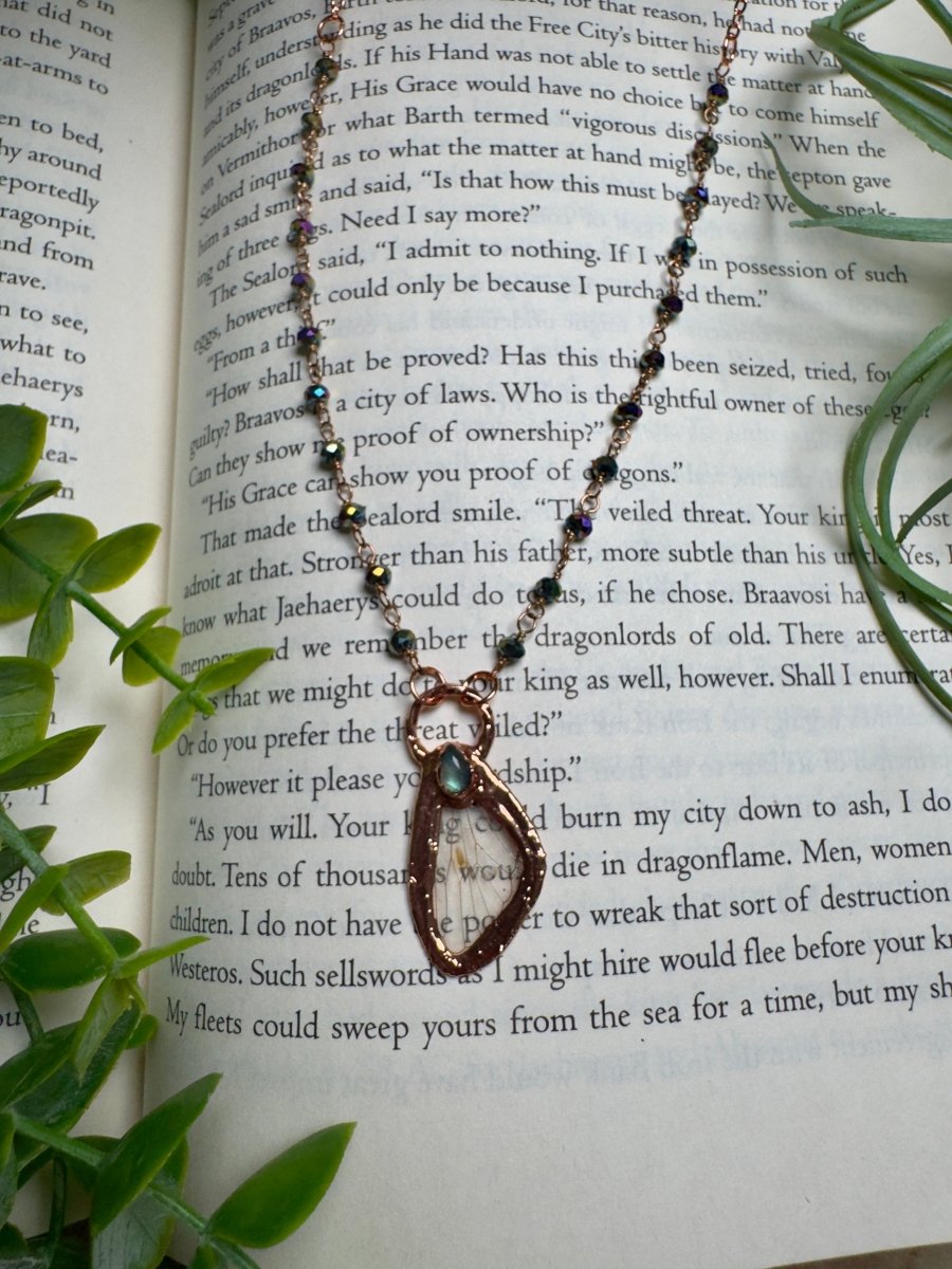 Labradorite and Cicada Wing Necklace with Beaded Chain | Copper Ashes