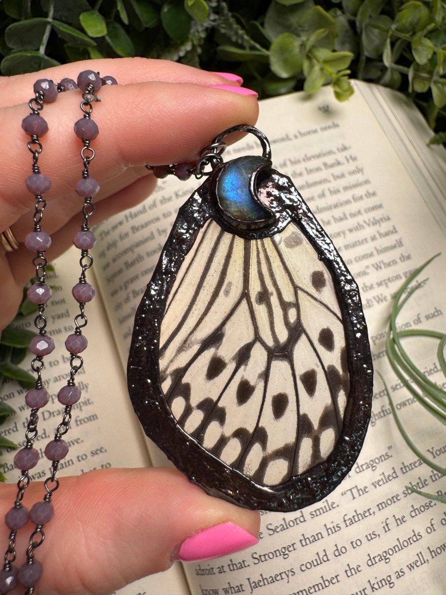 Labradorite Moon and Butterfly Wing Necklace | Copper Ashes