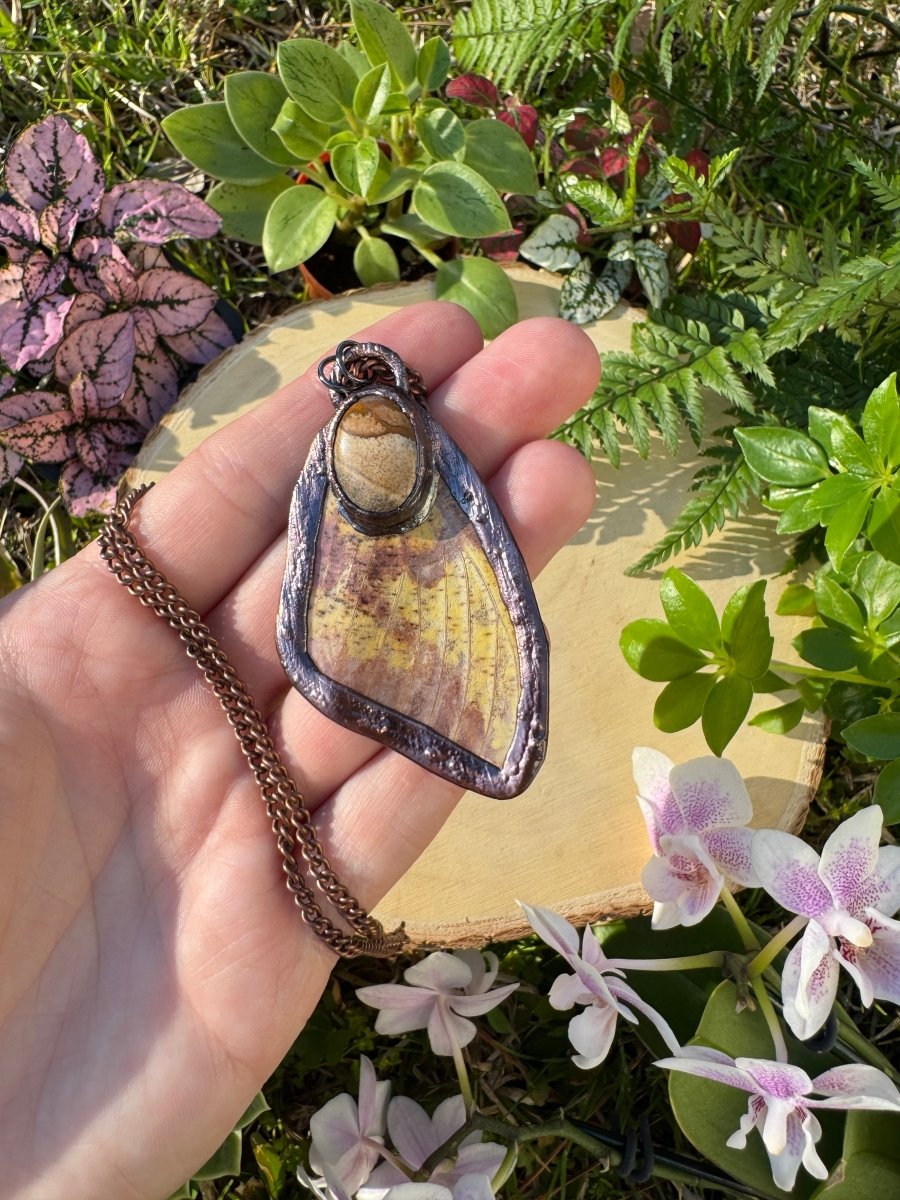 Landscape Jasper and Imperial Moth Wing Necklace | Copper Ashes