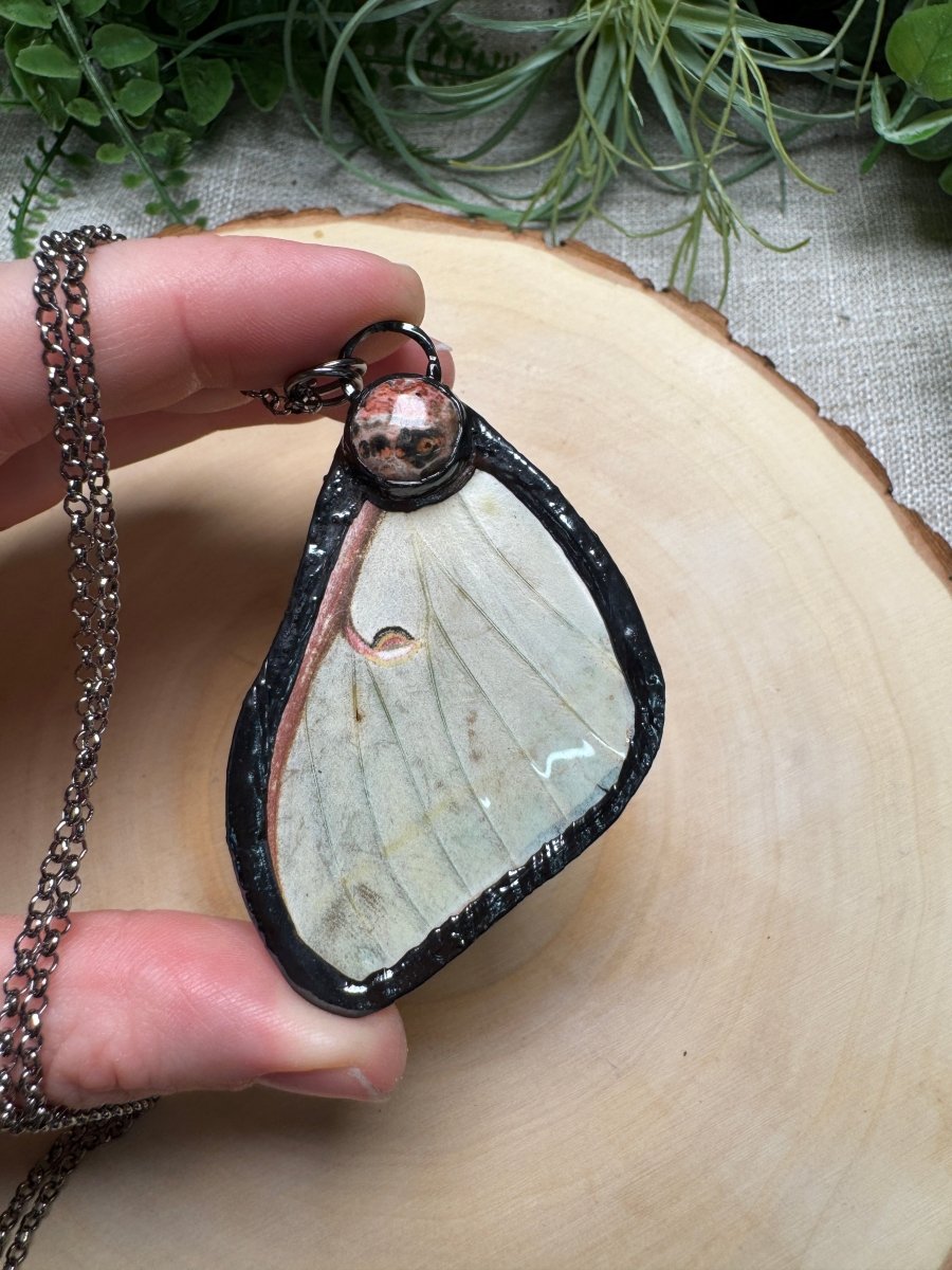 Luna Moth Wing and Leopard Skin Jasper Necklace | Copper Ashes