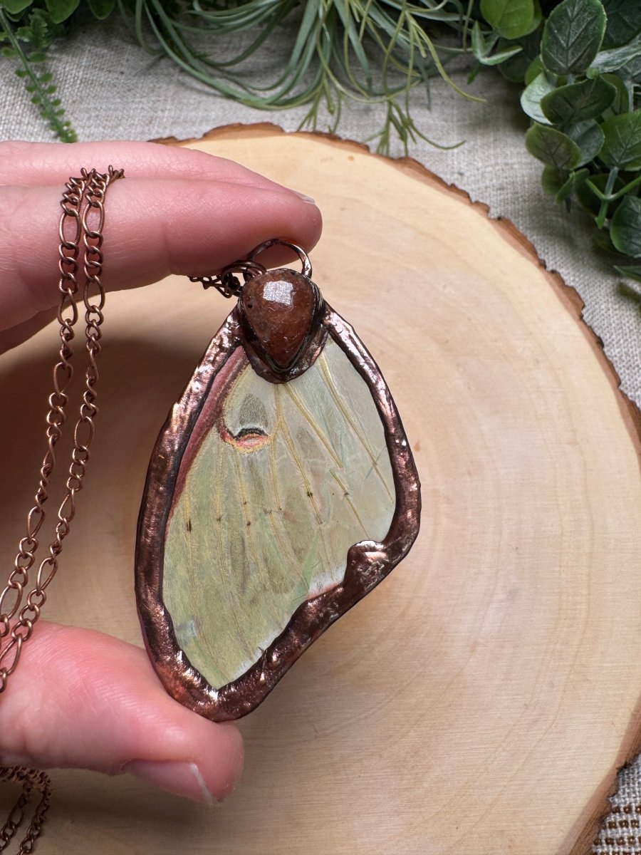 Luna Moth Wing and Sunstone Necklace | Copper Ashes