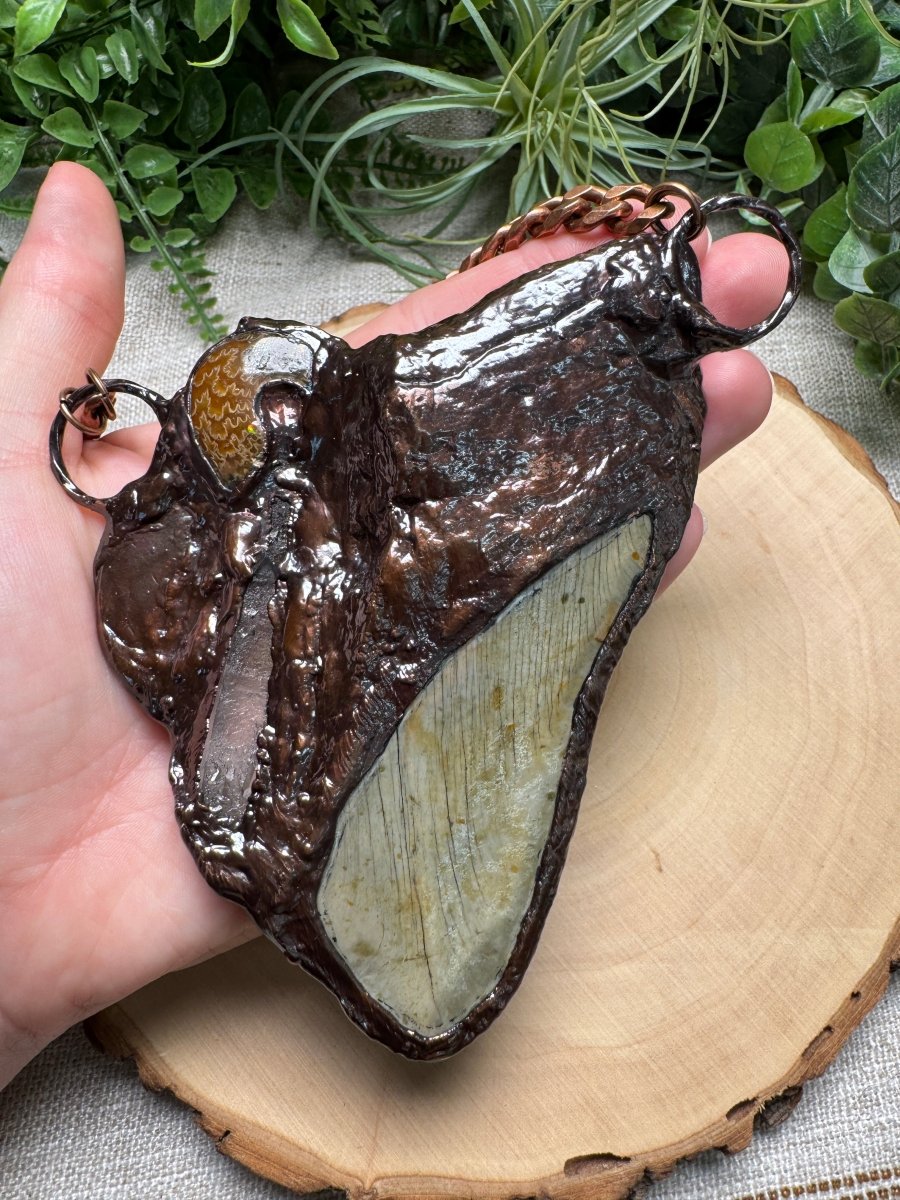 Megalodon Tooth, Ammonite, Labradorite, and Quartz Necklace | Copper Ashes