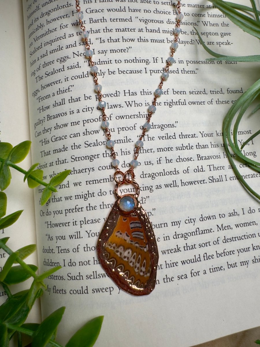 Moonstone and Butterfly Wing Necklace with Beaded Chain | Copper Ashes