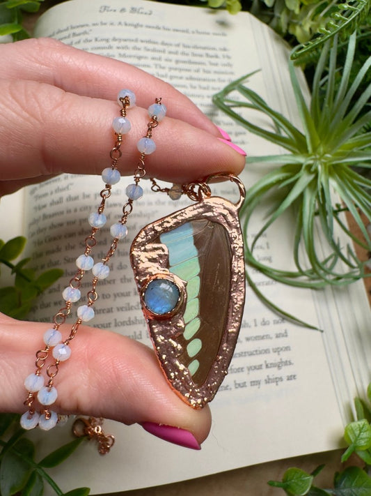 Moonstone and Butterfly Wing Necklace with Beaded Chain | Copper Ashes