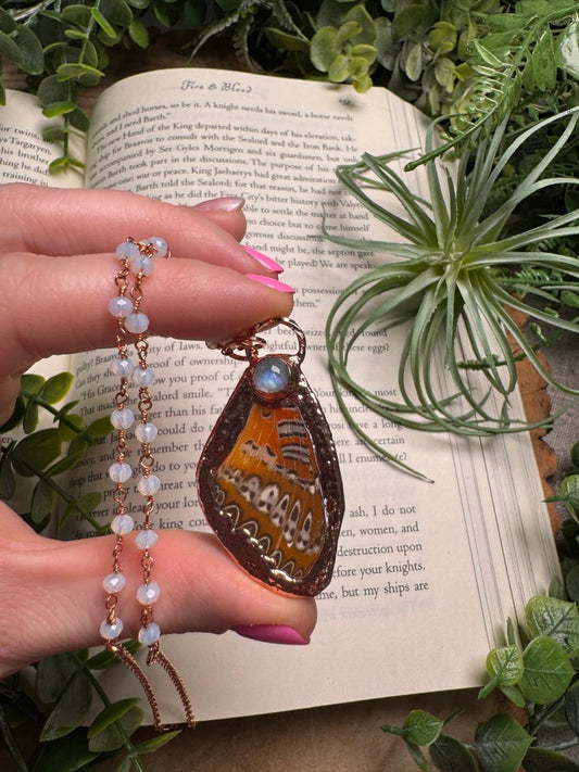 Moonstone and Butterfly Wing Necklace with Beaded Chain | Copper Ashes