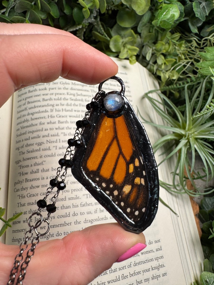 Moonstone and Butterfly Wing Necklace with Beaded Chain | Copper Ashes
