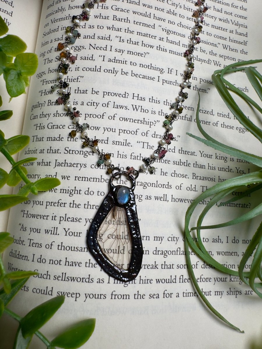 Moonstone and Cicada Wing Necklace with Pearl and Watermelon Tourmaline Beaded Chain | Copper Ashes