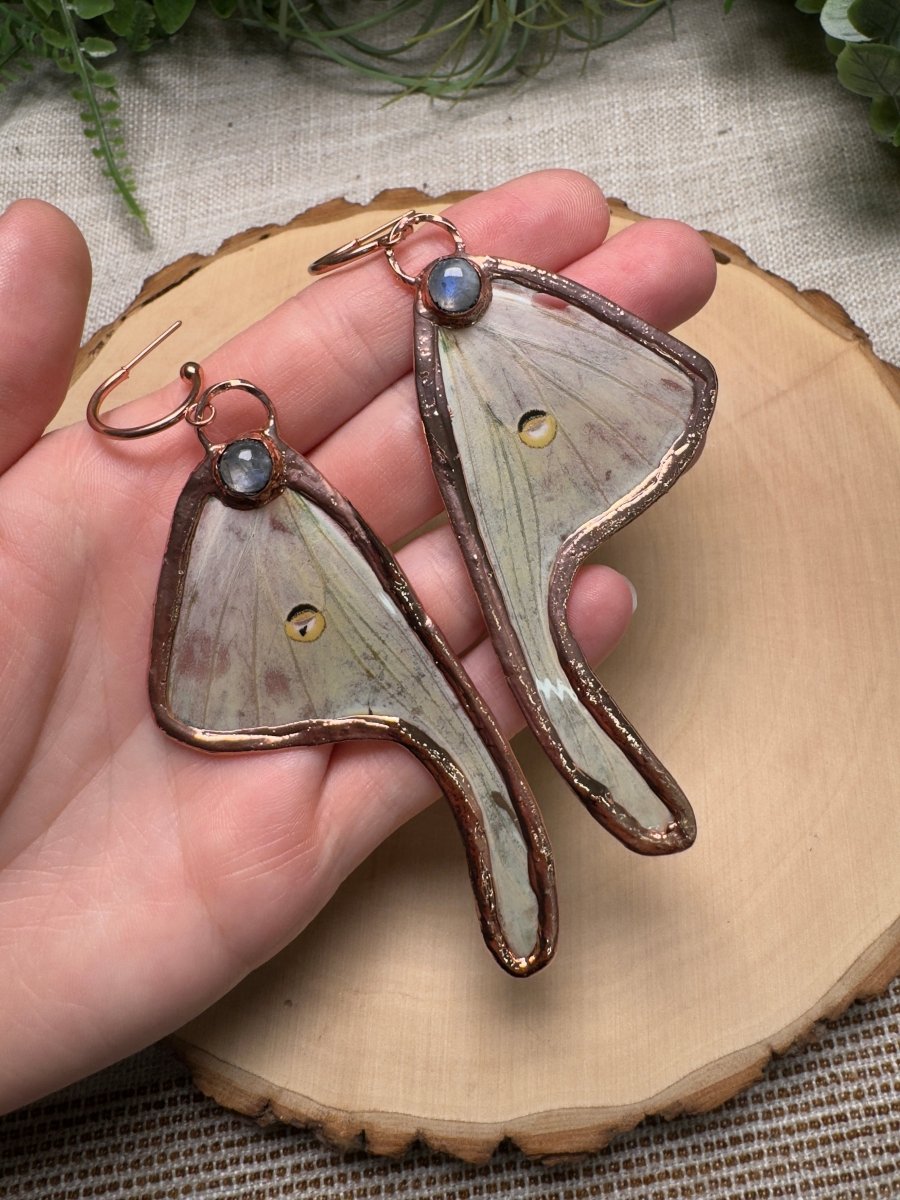 Moonstone and Luna Moth Wing Earrings | Copper Ashes
