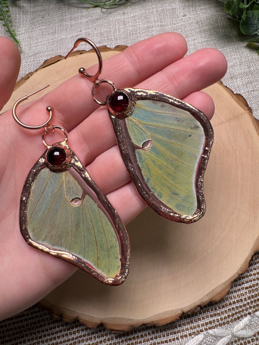 Moonstone and Luna Moth Wing Earrings | Copper Ashes