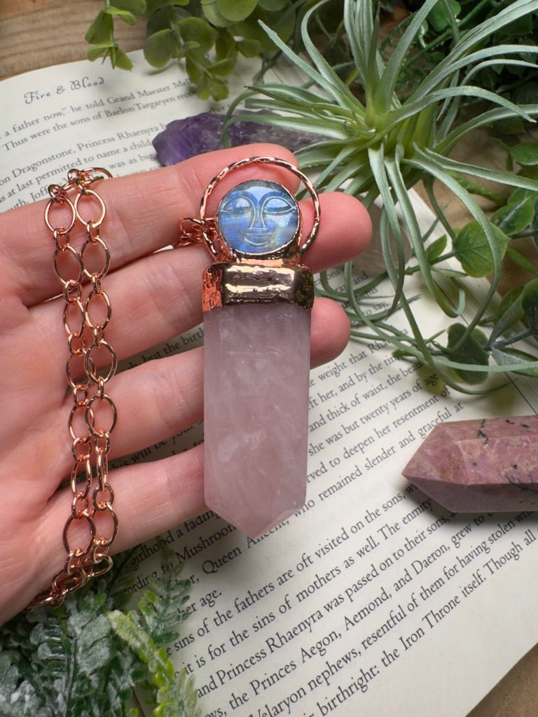 Moonstone Goddess and Rose Quartz Necklace | Copper Ashes