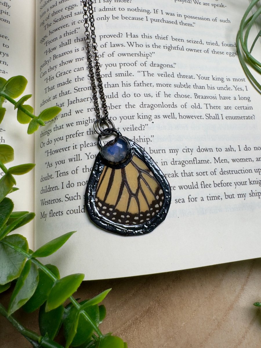 Moonstone Moon and Butterfly Wing Necklace | Copper Ashes