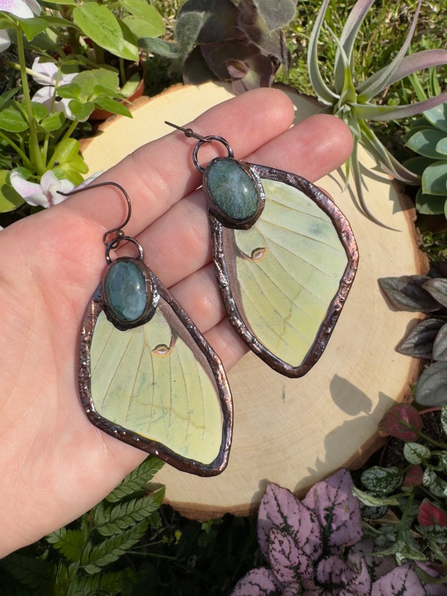 Moss Agate and Luna Moth Wing Earrings | Copper Ashes
