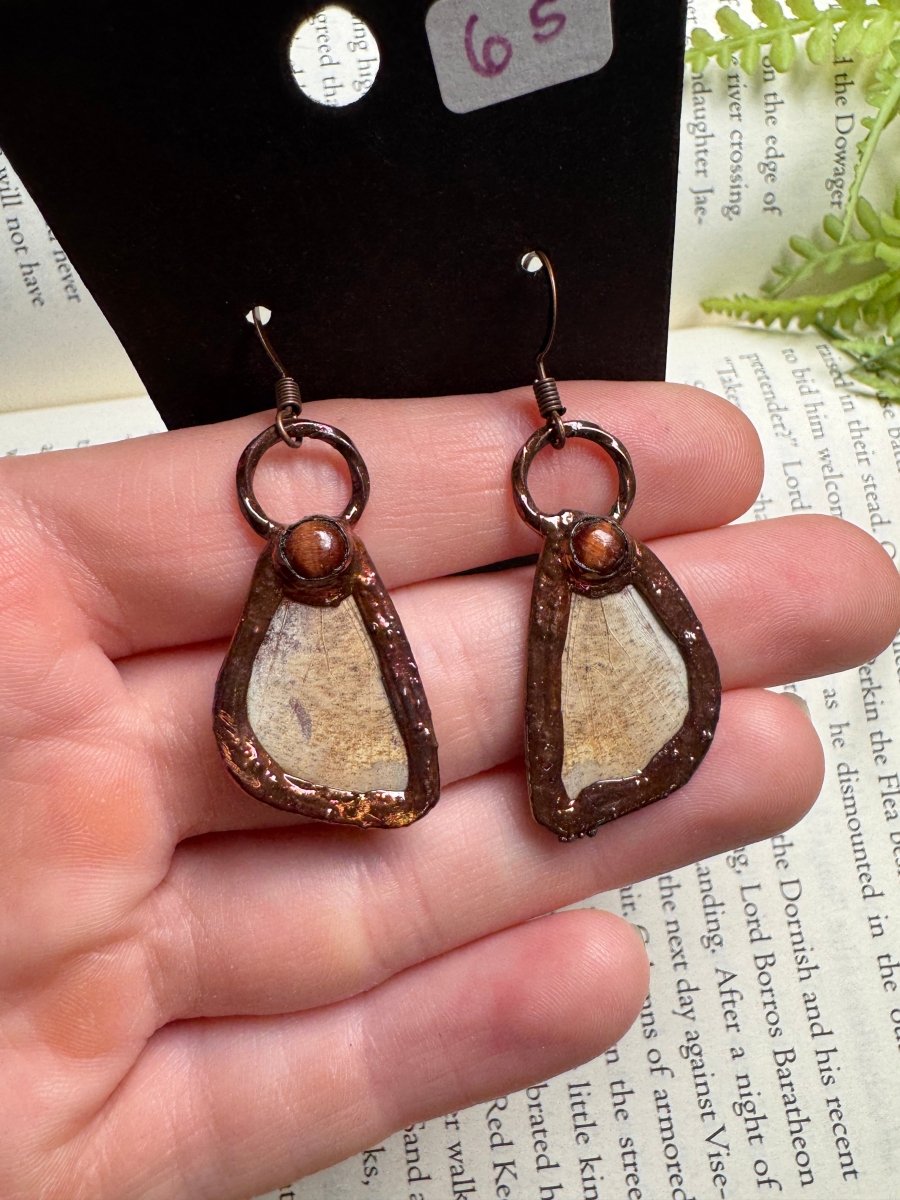 Moth Wing and Red Tigers Eye Earrings | Copper Ashes