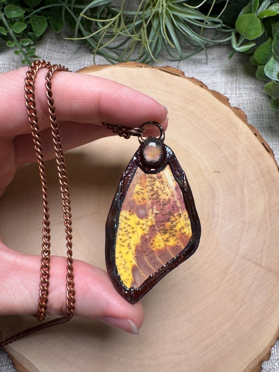 Moth Wing and Rose Quartz Necklace | Copper Ashes