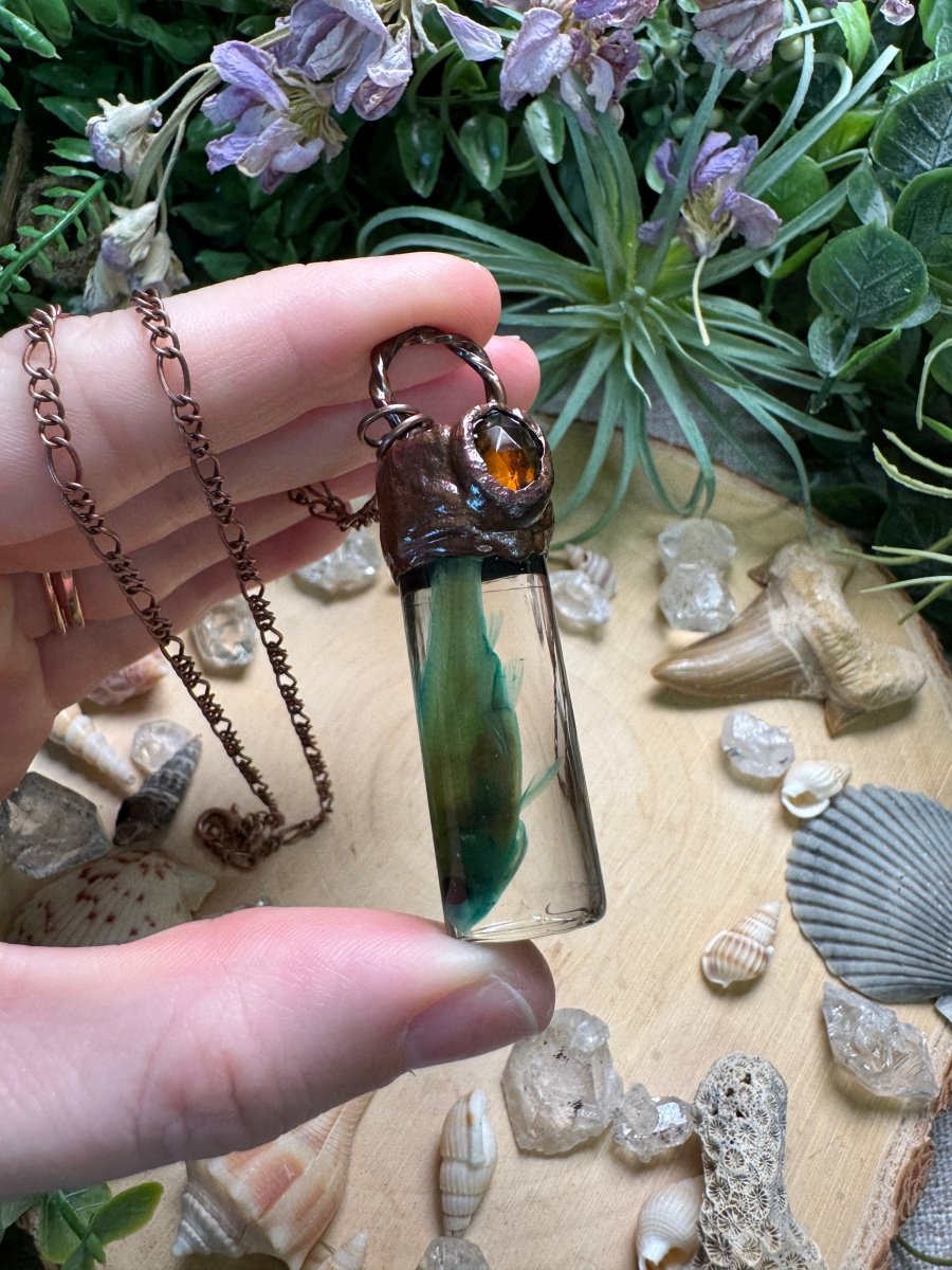 Orange Garnet and Minnow Oddity Vial Necklace | Copper Ashes