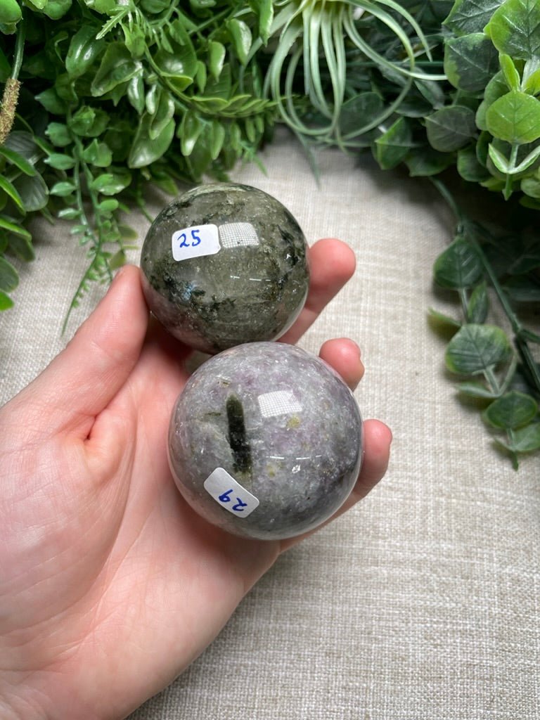 Quartz with Green Tourmaline Inclusions Sphere | Copper Ashes