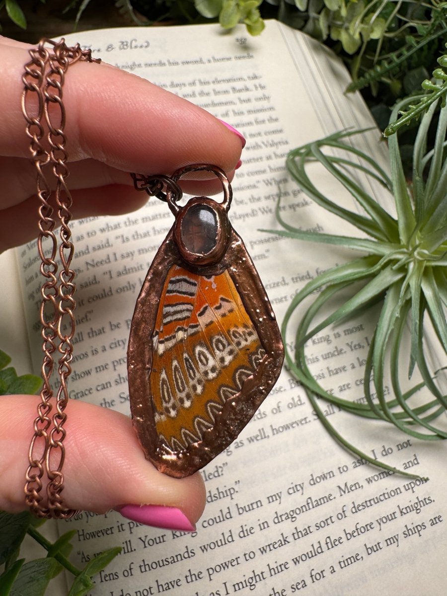 Rose Quartz and Butterfly Wing Necklace | Copper Ashes