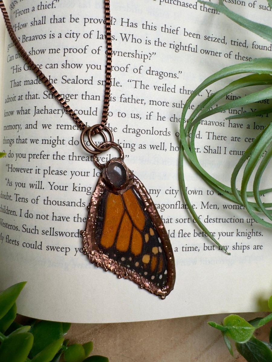Rose Quartz and Butterfly Wing Necklace | Copper Ashes
