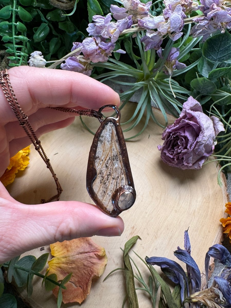 Rose Quartz and Moth Wing Necklace | Copper Ashes
