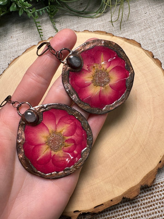 Rosie - Rose Quartz and Flower Earrings | Copper Ashes