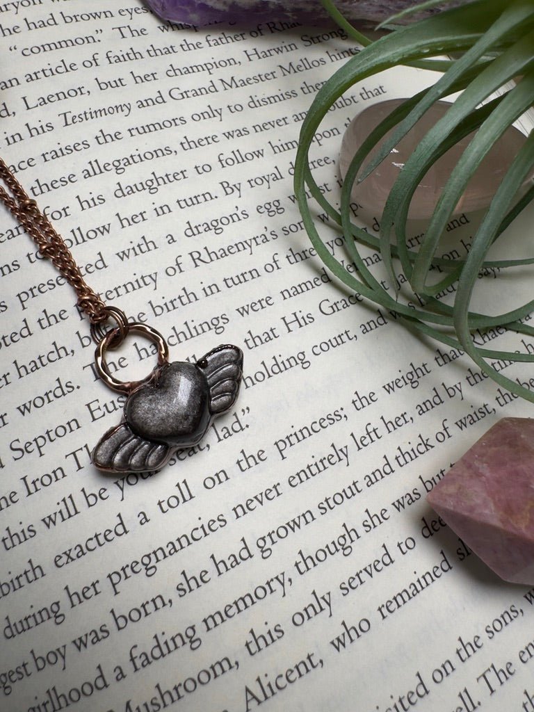 Silver Sheen Obsidian Angel Heart Necklace | Copper Ashes