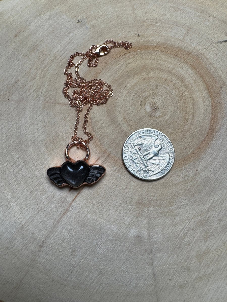 Silver Sheen Obsidian Heart with Wings Necklace | Copper Ashes