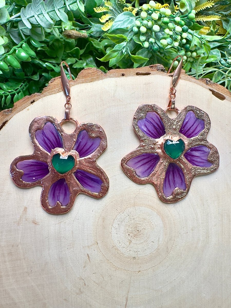 Siralune - Green Agate and Flower Earrings | Copper Ashes