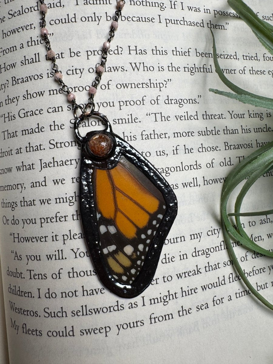 Sunstone and Butterfly Wing Necklace with Jasper Beaded Chain | Copper Ashes